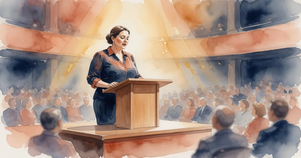 Ilustración artística en acuarela de una persona frente a un atril en un auditorio sereno, respirando con calma antes de comunicar