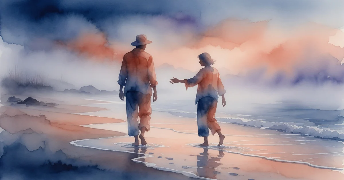 Ilustración editorial en acuarela de dos figuras caminando en una playa al amanecer buscando sintonía emocional