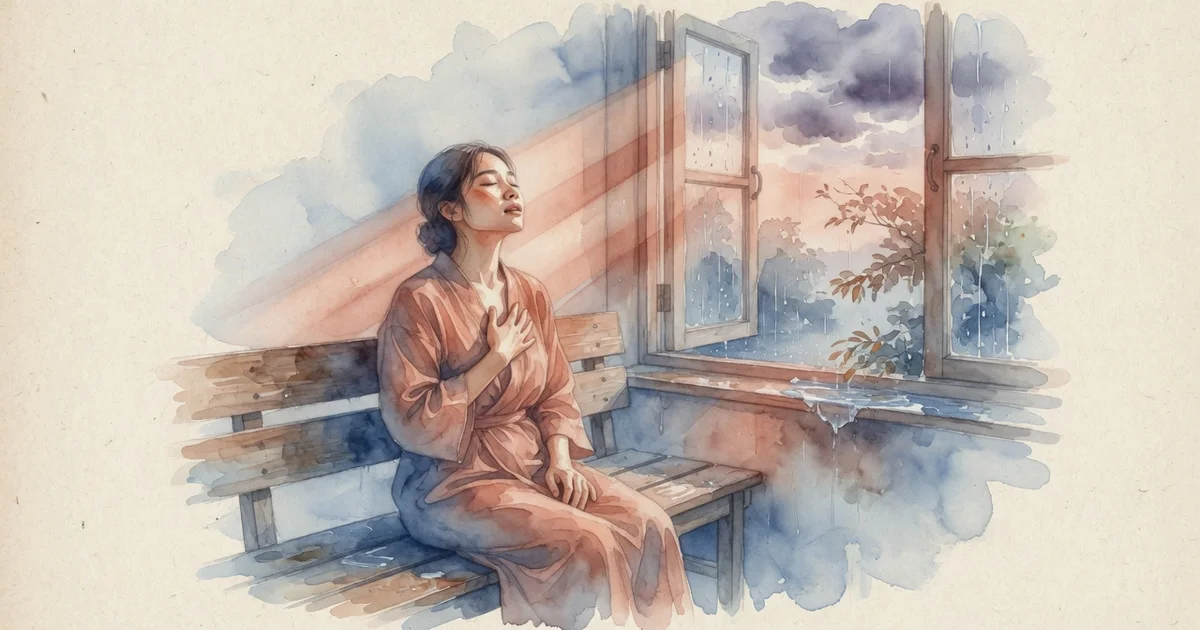Ilustración artística en acuarela de una persona sentada respirando con calma frente a una ventana abierta tras un ataque de pánico