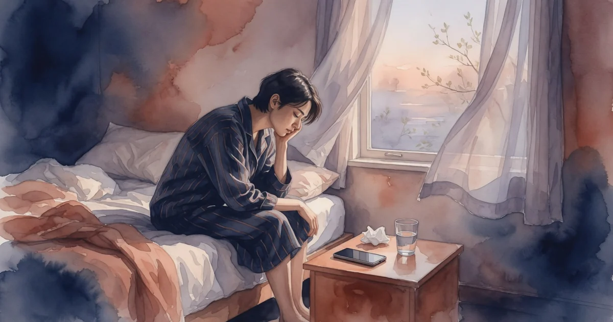 Ilustración editorial en acuarela de una persona sentada reflexivamente al amanecer frente a un teléfono boca abajo