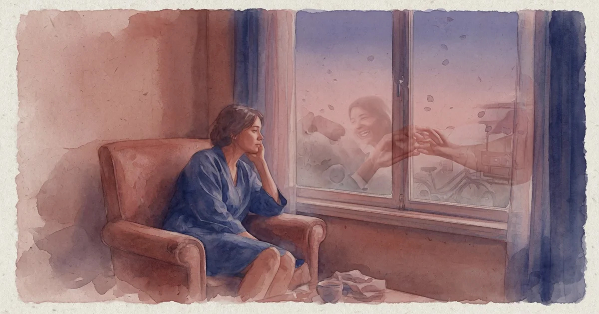 Ilustración artística en acuarela de una persona contemplativa junto a una ventana al atardecer, dejando ir las sombras del pasado