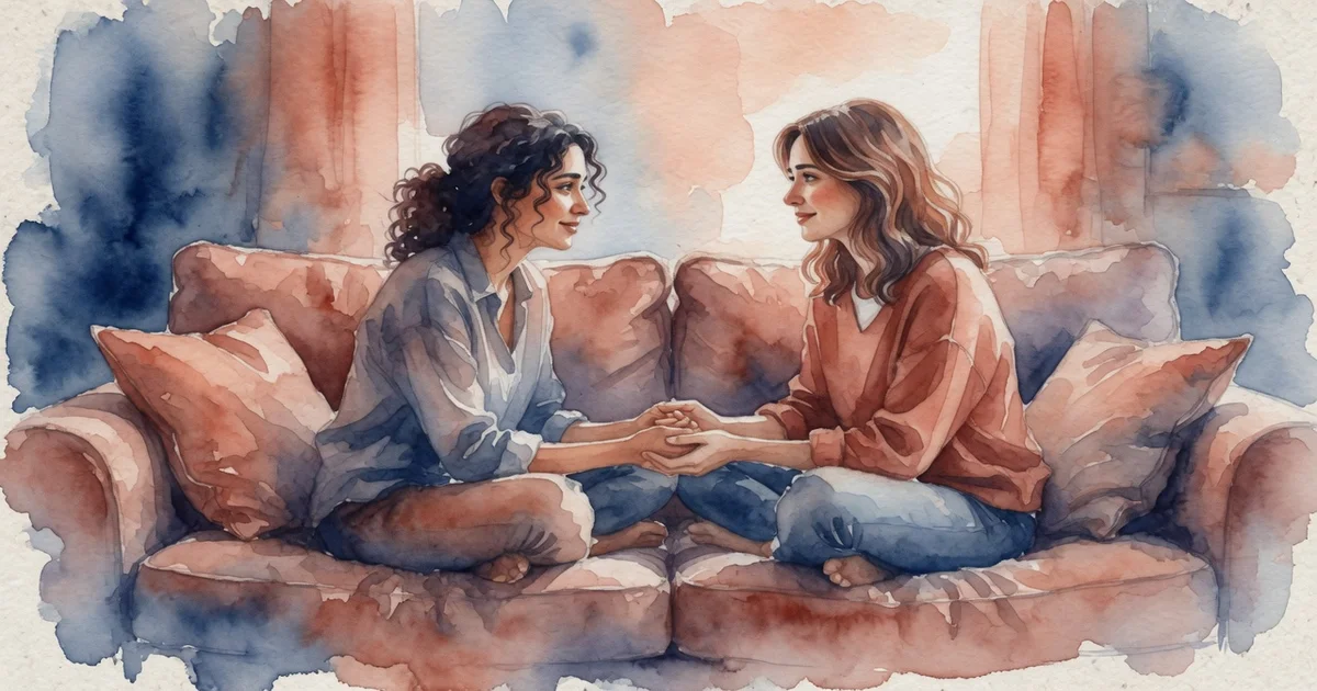 Ilustración artística en acuarela de dos personas sentadas a una mesa recomponiendo con paciencia un jarrón de cerámica con la técnica kintsugi