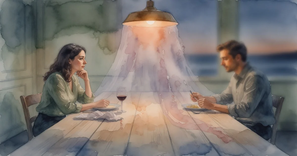 Ilustración artística en acuarela de dos figuras a ambos extremos de una mesa en penumbra, con un velo sutil que comienza a despejarse