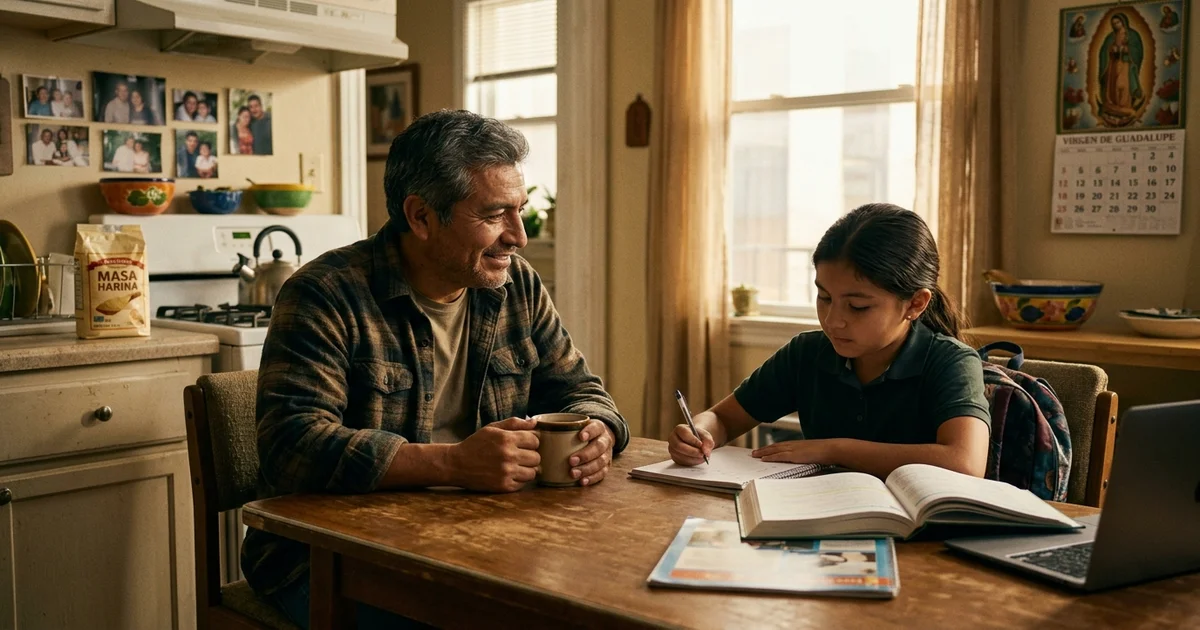 Padre hispano acompanando a su hija en sus tareas escolares bilingues en el hogar