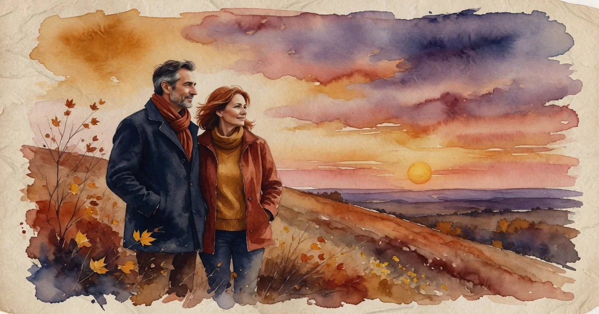Ilustración terapéutica sobre la crisis de la mediana edad en la pareja, mostrando a dos personas adultas redescubriendo su mirada en un hogar sereno