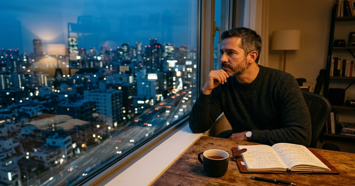 Persona de 40 años reflexionando ante la ventana en un apartamento en el extranjero durante el atardecer