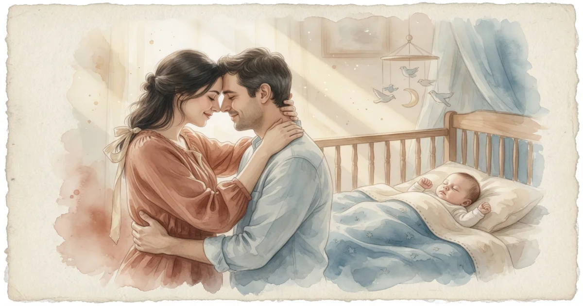 Pareja de padres jóvenes abrazándose con ternura y apoyo mutuo en el dormitorio del bebé