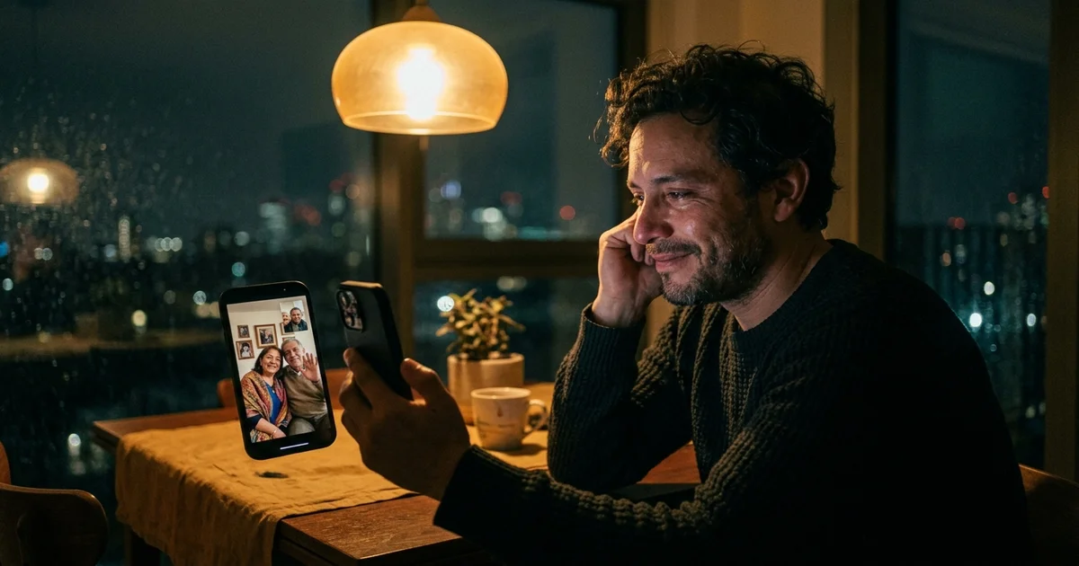 Persona migrante en su cocina de noche mirando una videollamada con sus padres ancianos en su país de origen