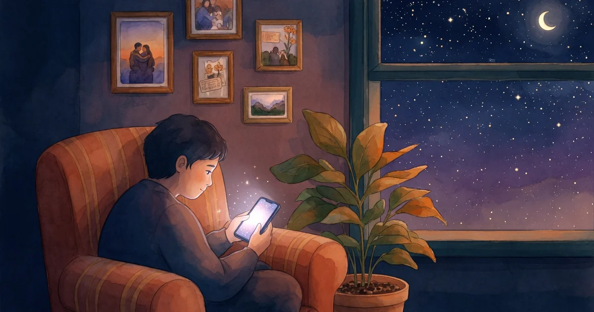 Persona sentada en un sillón junto a una ventana observando su teléfono móvil y fotografías de su familia con nostalgia y afecto