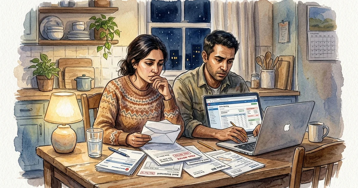 Pareja de migrantes en una mesa de cocina revisando facturas y extractos bancarios con mirada reflexiva sobre la economía familiar