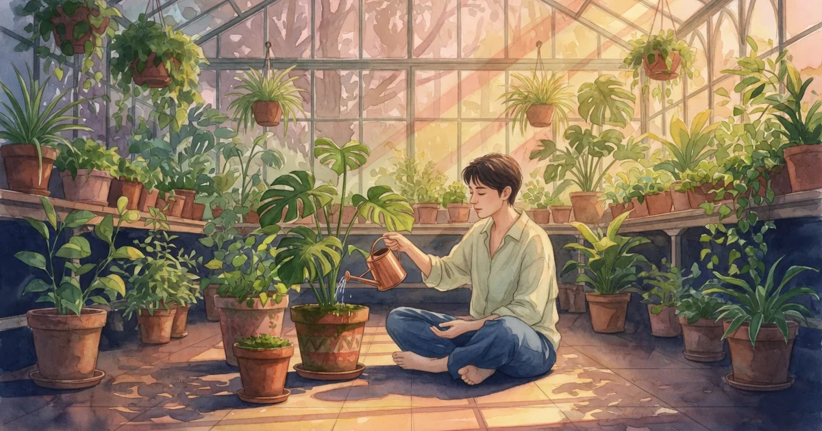 Ilustración editorial en acuarela de una persona cuidando una planta luminosa en un invernadero descubriendo su paz interior