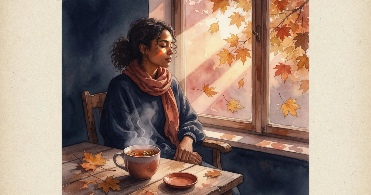 Persona sentada junto a una ventana con una taza de té mirando hacia el exterior con serenidad y reflexión