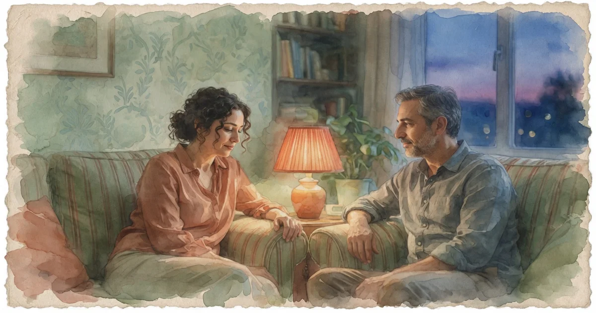 Ilustración artística en acuarela de dos personas sentadas en un sofá encendiendo una luz de cercanía entre ambos