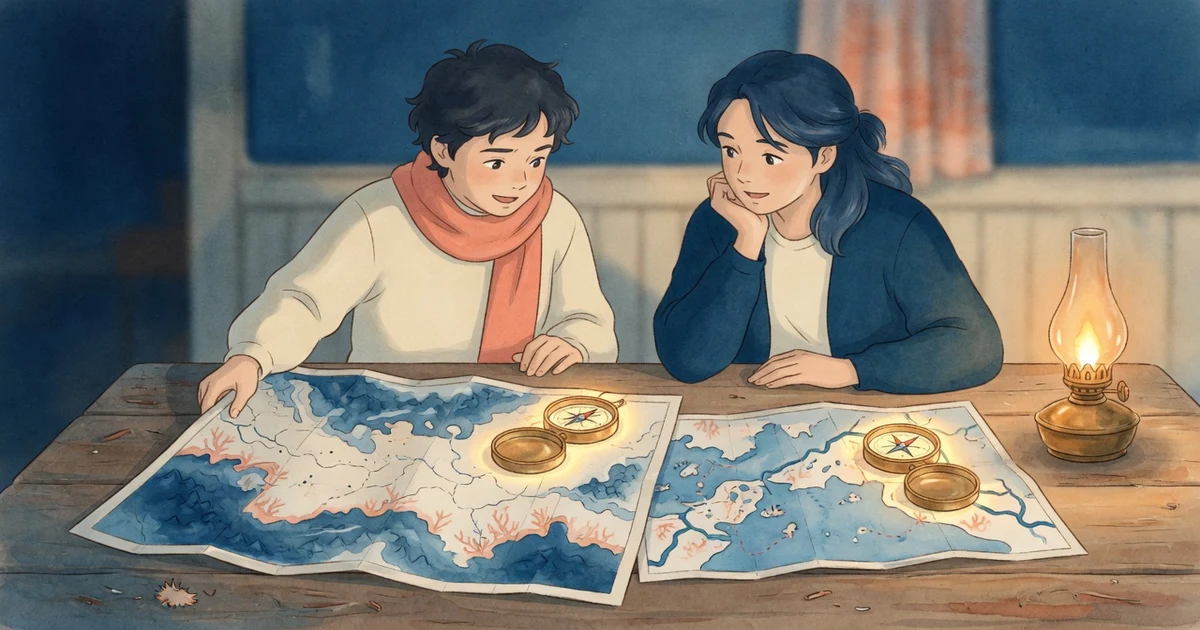 Dos adultos en una mesa frente a frente con mapas y cuadernos abiertos reflexionando con calma sobre sus metas futuras