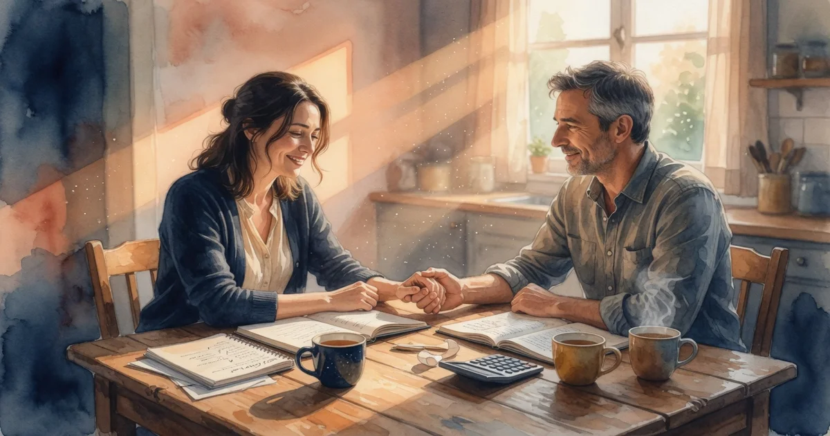 Pareja revisando finanzas con confianza y empatía en la cocina de su hogar