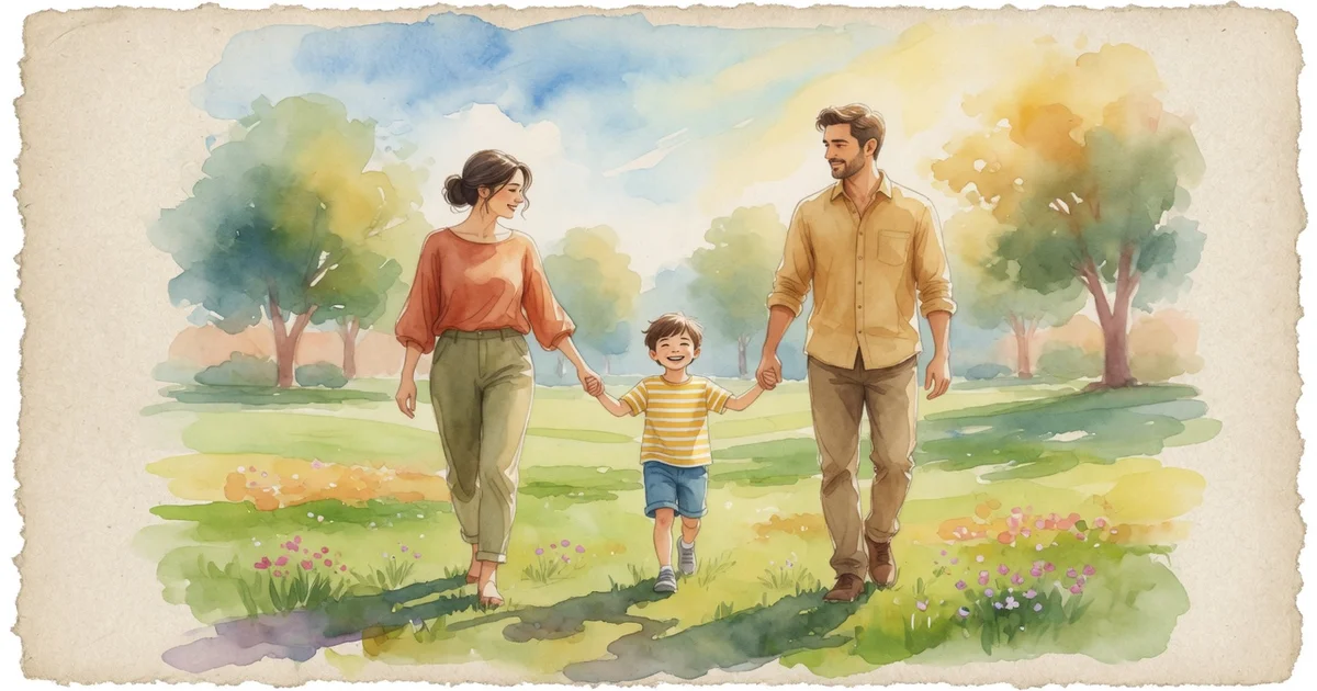 Ilustración artística en acuarela de dos padres separados caminando con respeto en un parque soleado sosteniendo las manos de su hijo