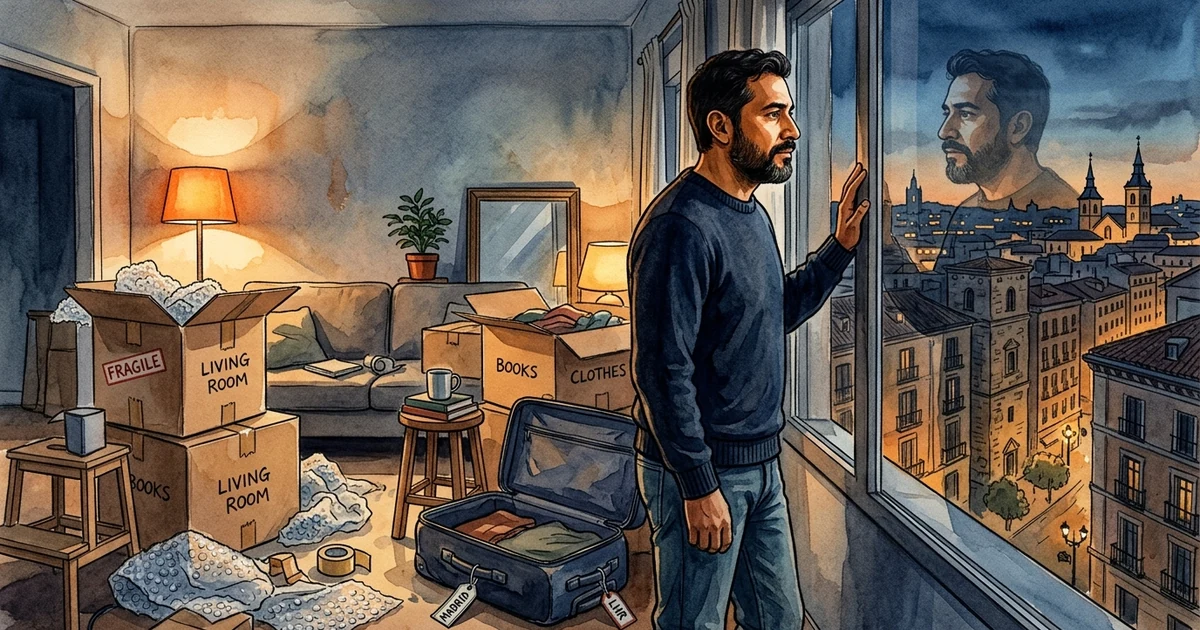 Ilustración editorial de un hombre latino de 40 años meditando junto a cajas de mudanza y una maleta entreabierta en un apartamento en el extranjero