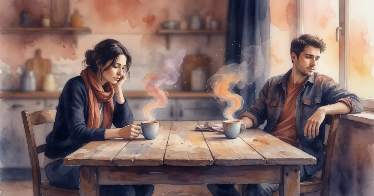 Pareja sentada a la mesa en silencio reflexivo tomando café mientras procesan su desconexión conyugal