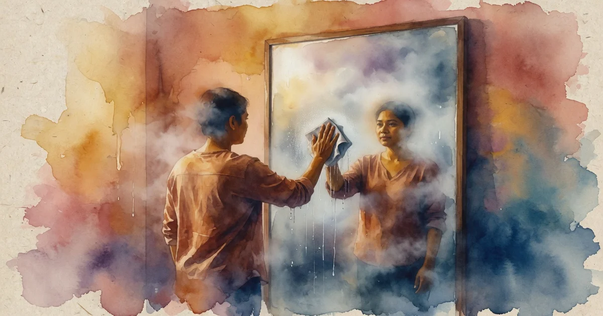 Ilustración artística en acuarela de una persona disipando la niebla frente al espejo en busca de claridad psicológica