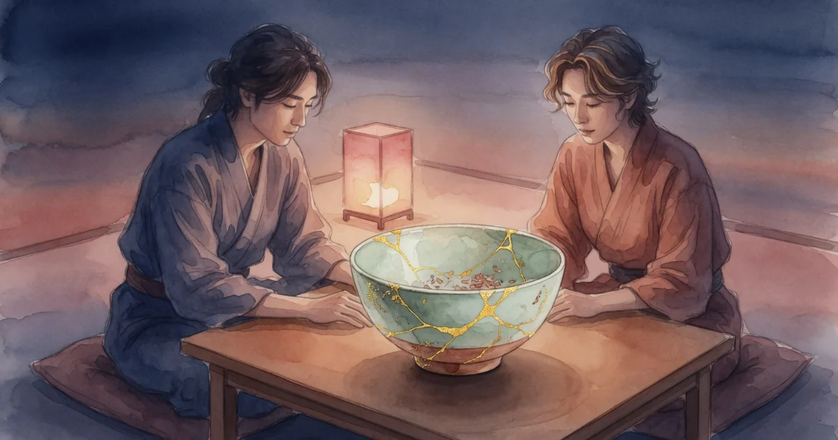 Cuenco kintsugi restaurado con vetas doradas sobre una mesa entre dos personas que conversan con madurez y serenidad