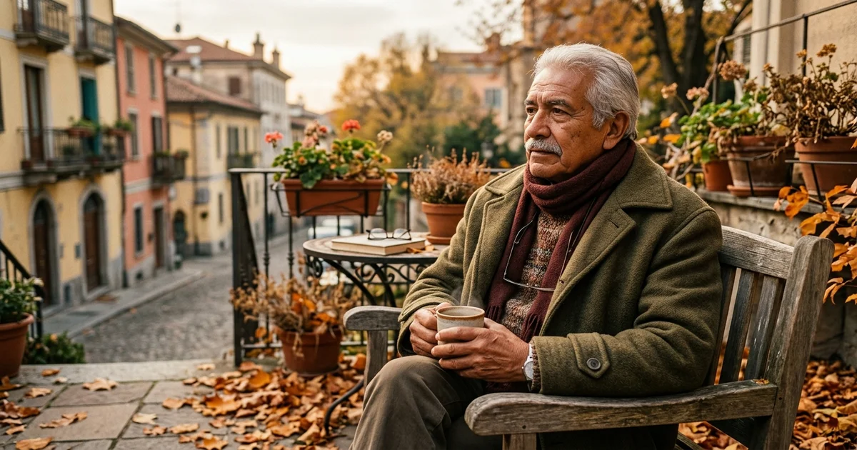 Adulto mayor jubilado en el extranjero contemplando con nostalgia en una terraza en otono