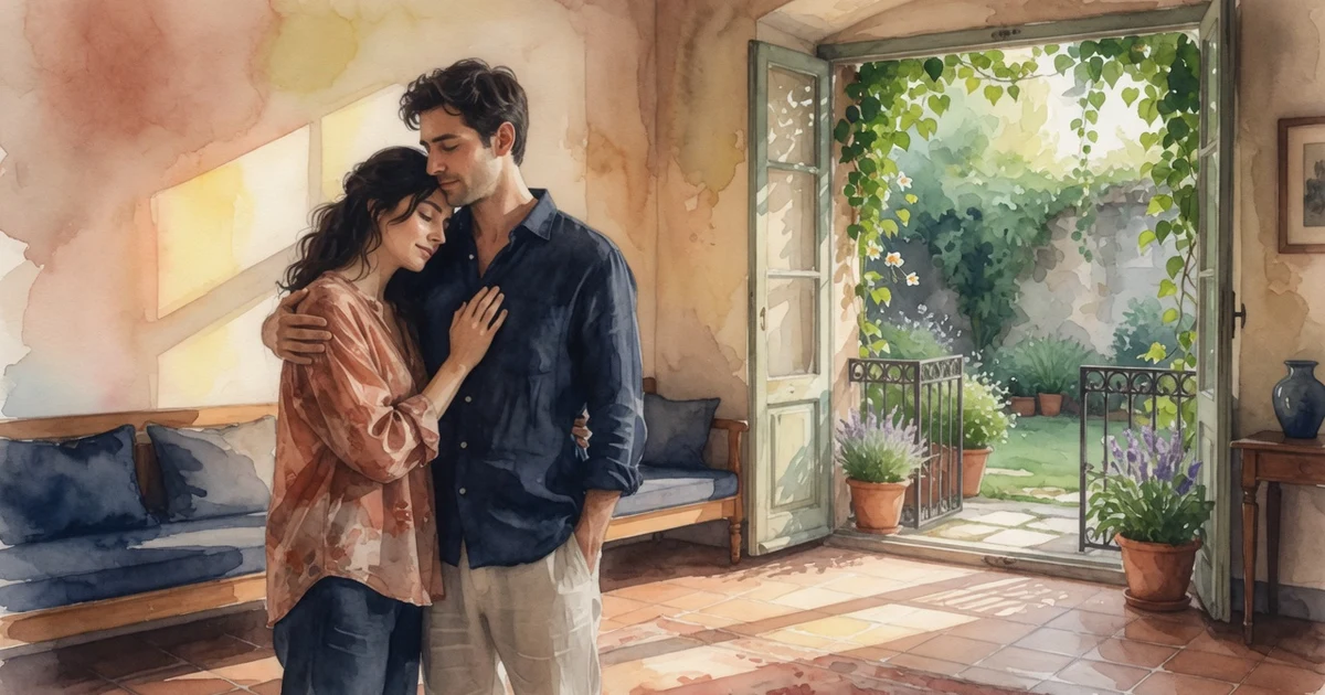 Pareja mirando serenamente hacia una puerta abierta estableciendo límites protectores y armónicos