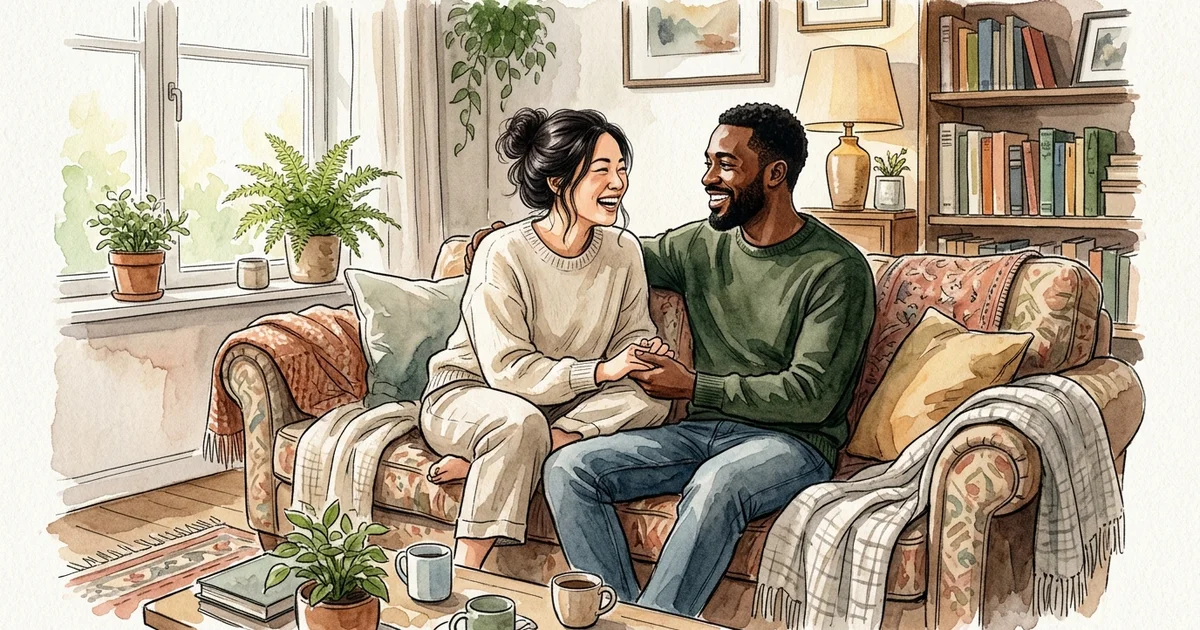 Pareja intercultural dialogando con calidez y cercanía afectiva en la sala de su hogar bajo una iluminación matutina serena