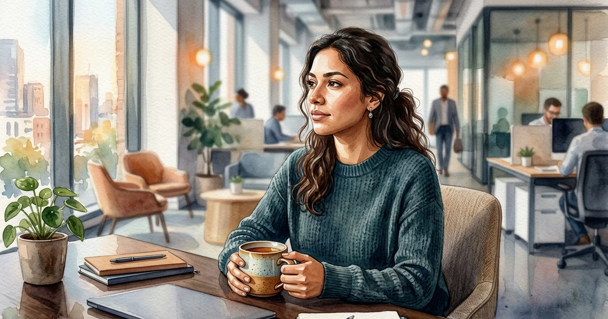 Ilustración editorial de una mujer profesional latina en un entorno corporativo moderno reflexionando con calma y resiliencia ante comentarios sutiles
