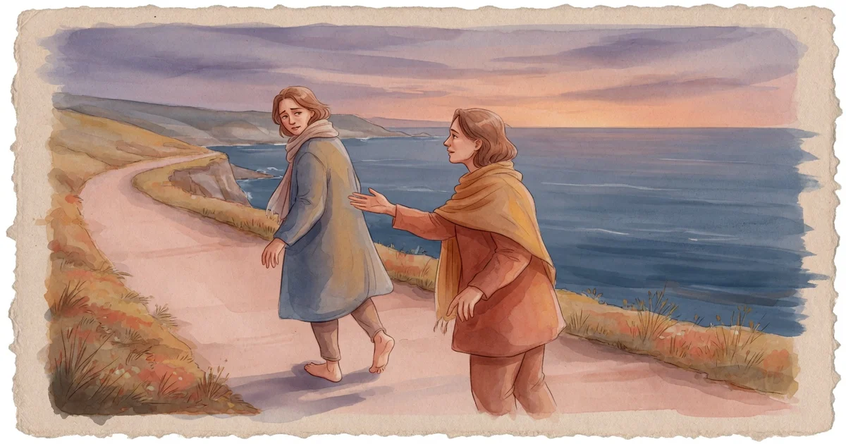 Ilustración artística en acuarela de dos figuras caminando por un sendero costero al atardecer, explorando la cercanía y la autonomía