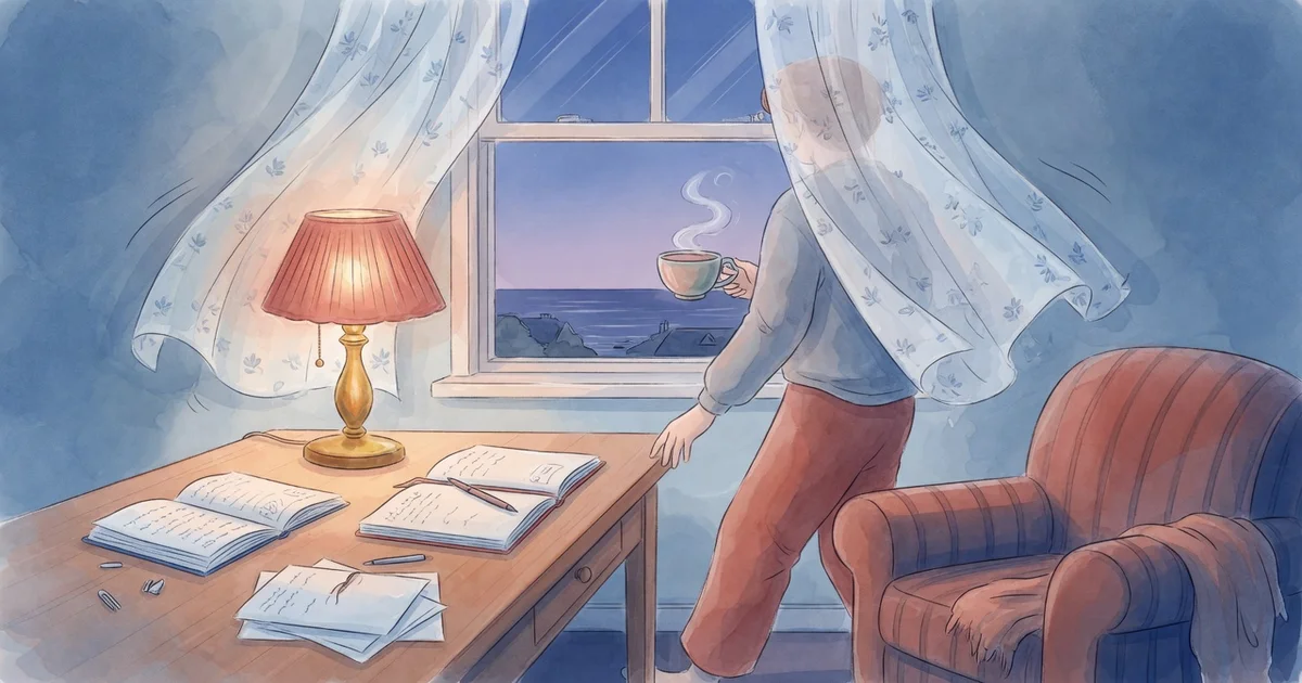 Ilustración artística en acuarela de una persona sentada frente a un escritorio con notas y bocetos descartados buscando serenidad interna