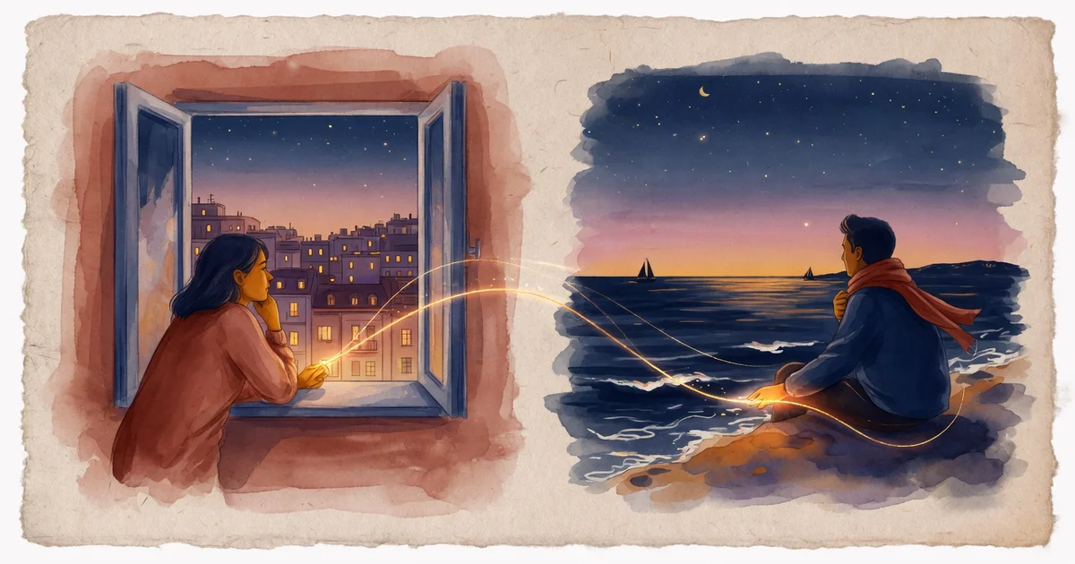 Ilustración artística en acuarela de dos personas conectadas por un hilo dorado a través de horizontes distantes