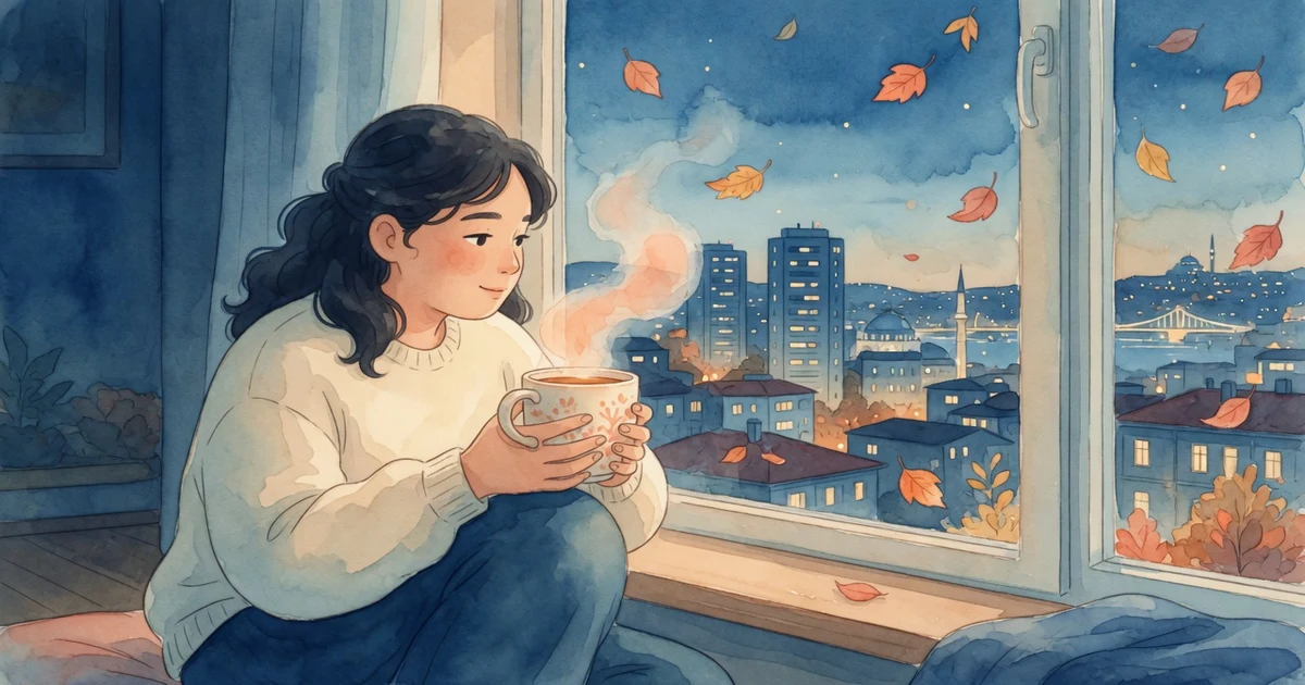Una persona contemplando con serenidad la ciudad a través del ventanal de su apartamento en una noche invernal en el extranjero