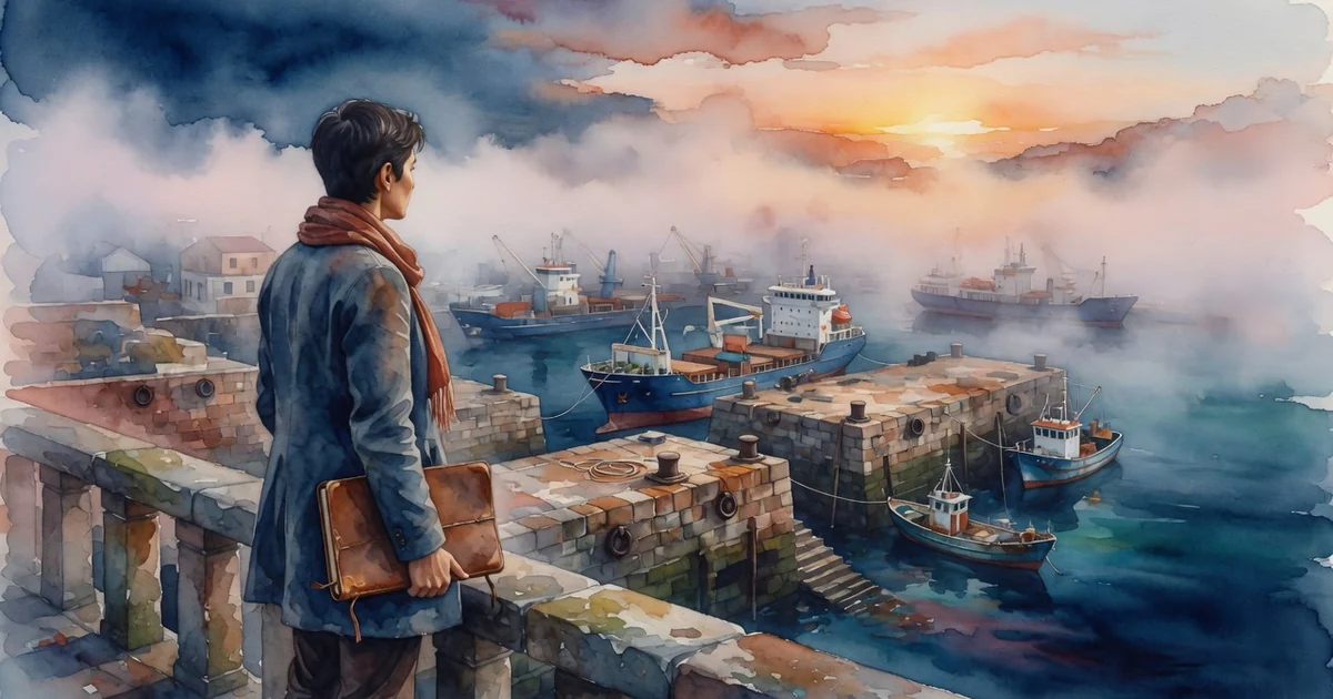 Ilustración editorial en acuarela de una persona en un muelle al atardecer con un cuaderno sosteniendo su dignidad tras la migración