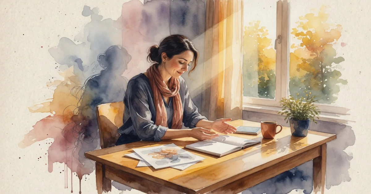 Ilustración artística en acuarela de una profesional en su escritorio reconociendo con calma su valor propio ante la luz de la mañana