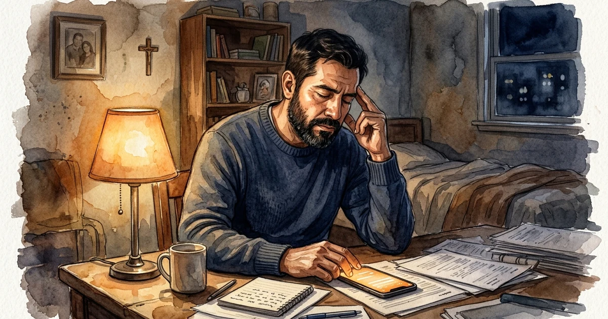 Ilustración editorial de un hombre hispanohablante en una habitación modesta a altas horas de la noche mirando su teléfono con fatiga y preocupación financiera