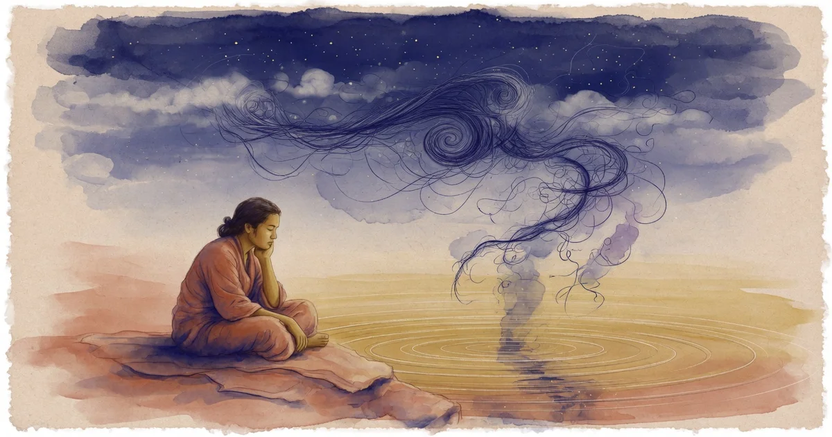 Ilustración artística en acuarela de una persona en calma contemplativa bajo la noche liberando hilos mentales