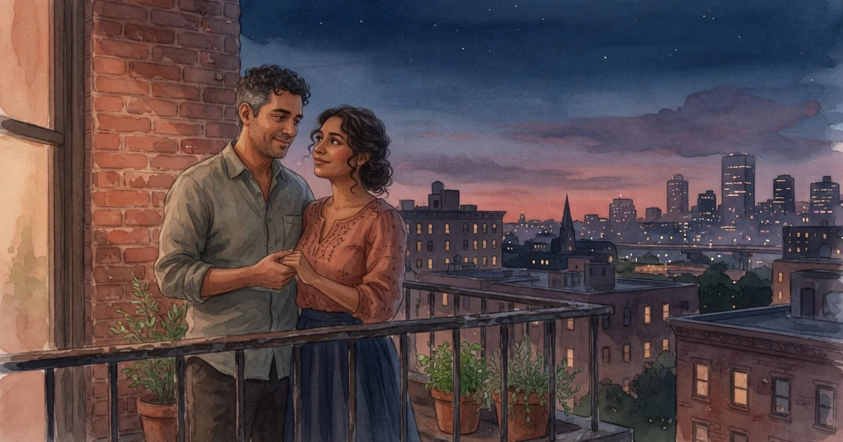 Pareja latina en Estados Unidos mirando hacia el horizonte con serenidad y cercanía afectiva