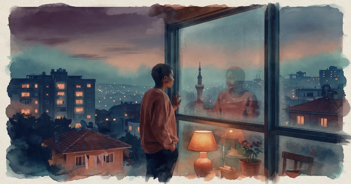 Ilustración artística en acuarela de una persona sentada junto a una ventana contemplando los tejados de una ciudad europea en una tarde lluviosa