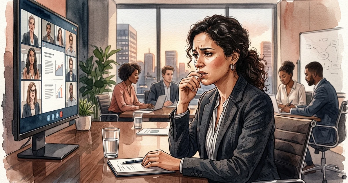 Ilustración editorial de una mujer profesional hispanohablante sintiendo aprensión y bloqueo al hablar en una reunión en inglés